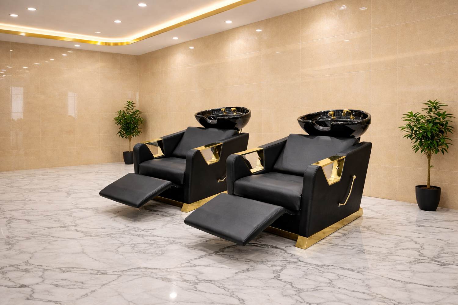 Shampoo bed Gold design in a modern beauty salon 