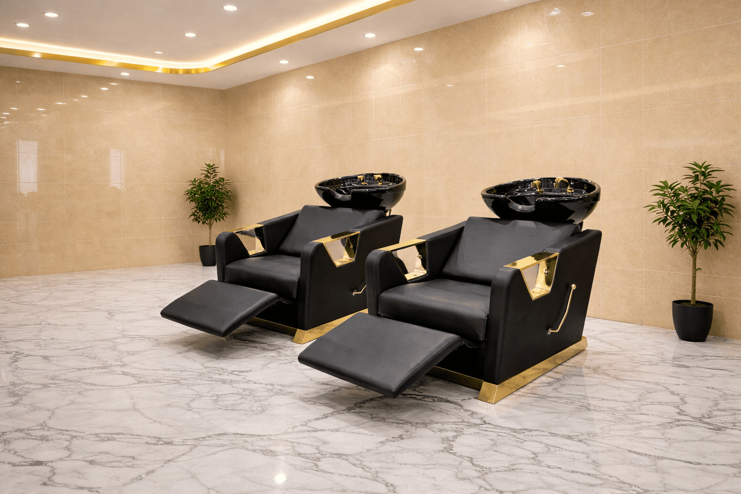 Shampoo bed Gold design in a modern beauty salon 