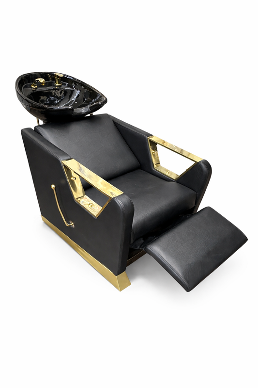 Luxury Gold / Chrome Frame Salon Backwash Shampoo Unit Chair Hair Washing Bed PVC Leather