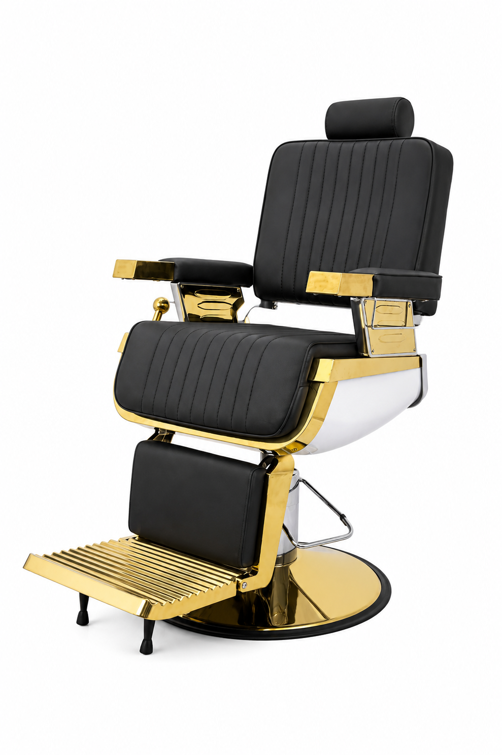 Black and gold barber chair on a white background