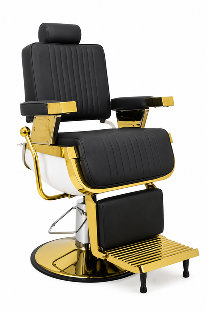 Barber chair with black leather seats and gold accents on a white background