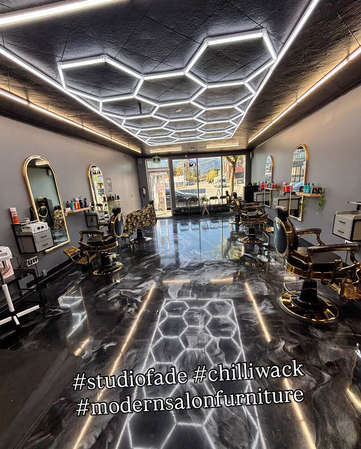 Led 3 colour Gold Arch Wall MIrror in a Barbershop in Chilliwack