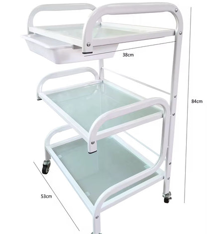 White trolley with glass shelves and dimensions on a white background