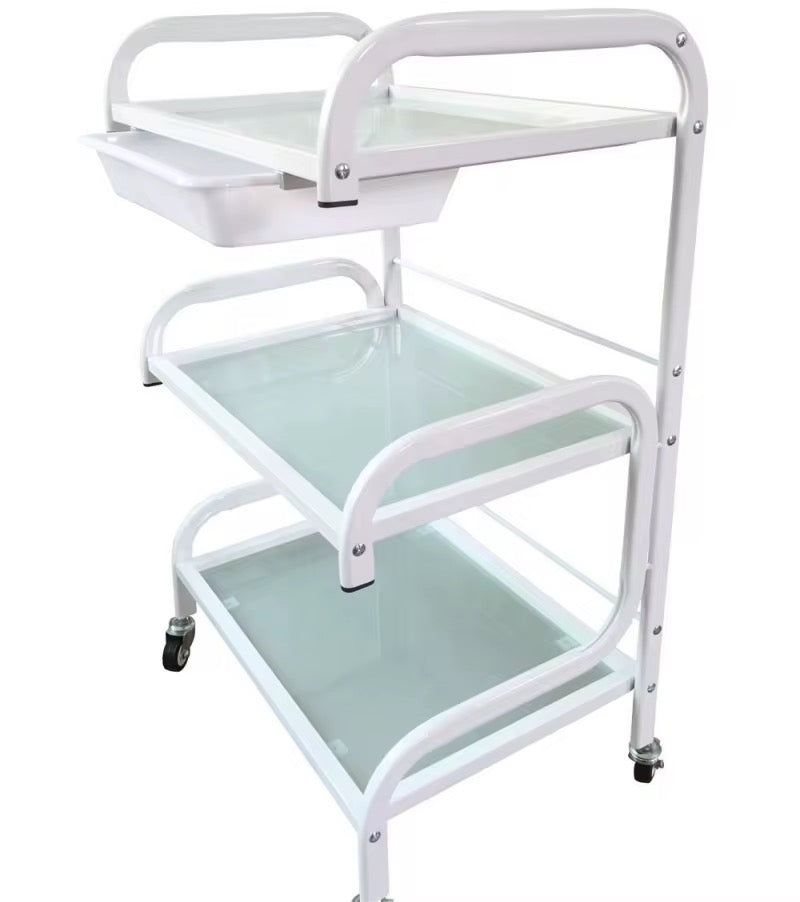 White rolling cart with two shelves on a white background