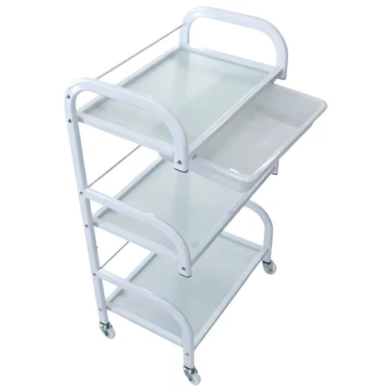 White metal serving cart with two shelves on a white background