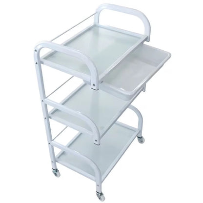 White metal serving cart with two shelves on a white background