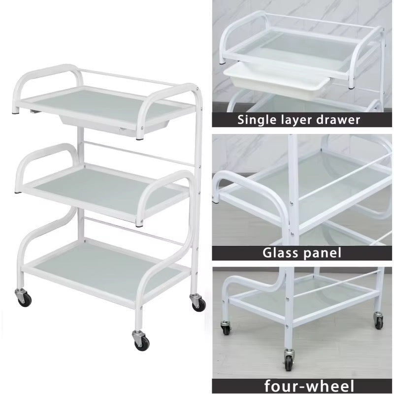 White trolley with glass panels and wheels on a white background