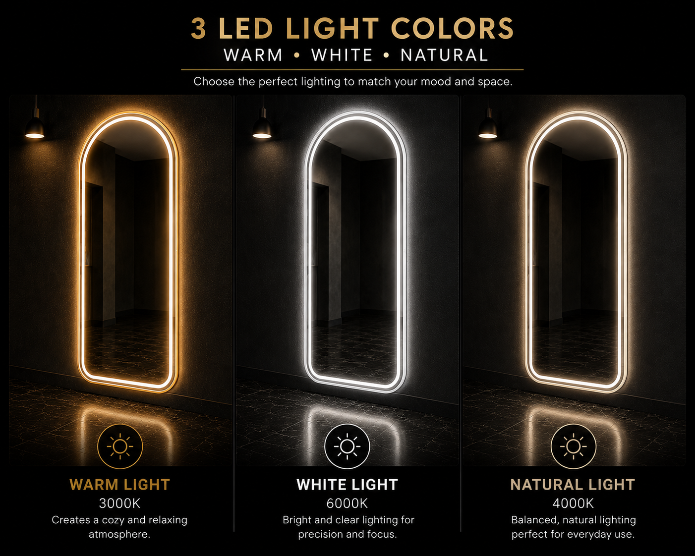 Modern Salon Furniture Arched Front Lit LED Salon/ Barber Aluminium frame Mirror – Premium Glass, 2 cm Aluminum Frame, hi powered 3-Color Light