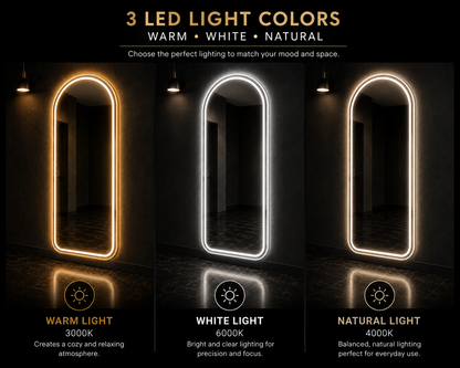 Modern Salon Furniture Arched Front Lit LED Salon/ Barber Aluminium frame Mirror – Premium Glass, 2 cm Aluminum Frame, hi powered 3-Color Light