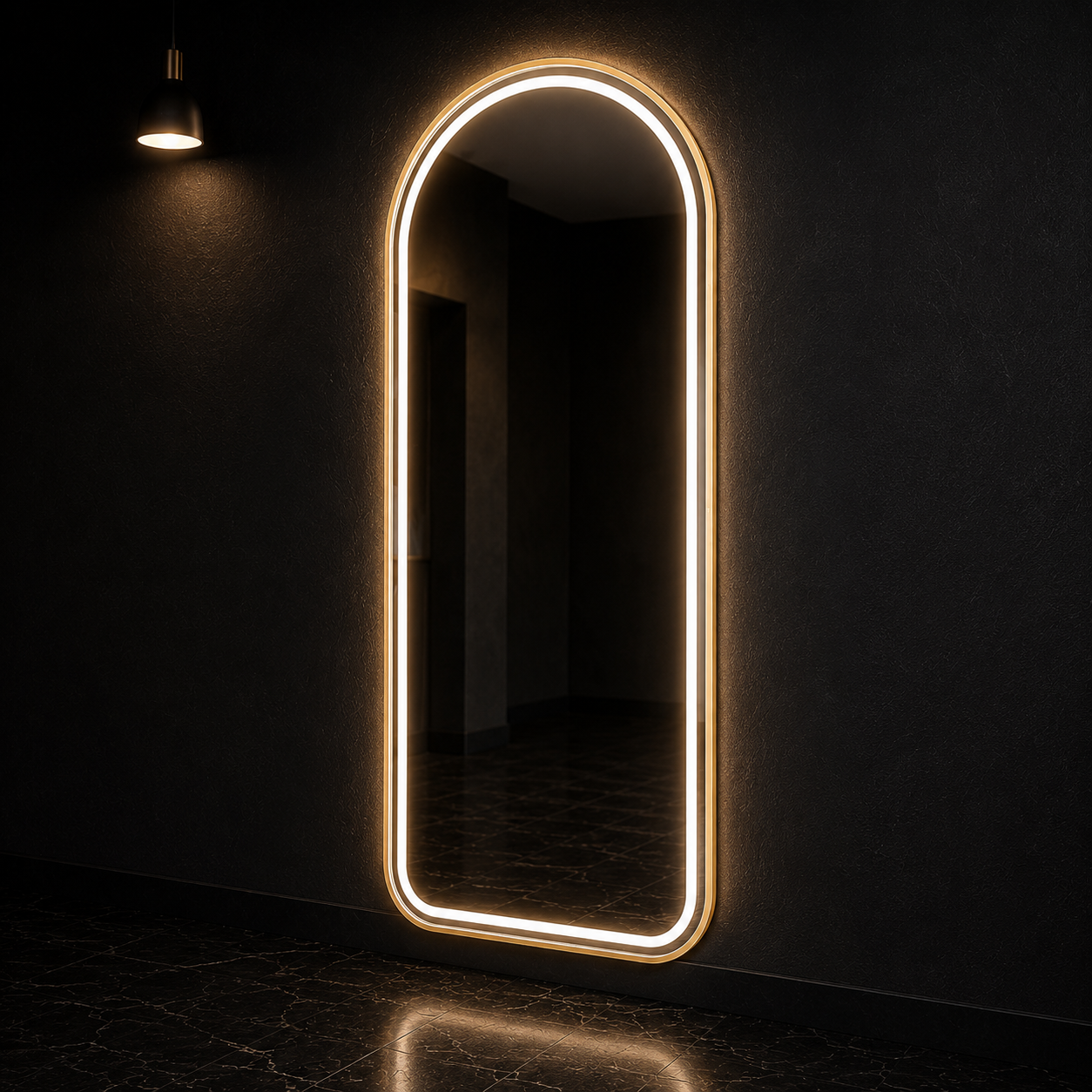 Modern Salon Furniture Arched Front Lit LED Salon/ Barber Aluminium frame Mirror – Premium Glass, 2 cm Aluminum Frame, hi powered 3-Color Light