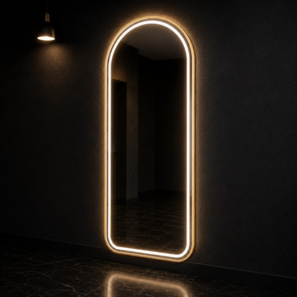 Modern Salon Furniture Arched Front Lit LED Salon/ Barber Aluminium frame Mirror – Premium Glass, 2 cm Aluminum Frame, hi powered 3-Color Light