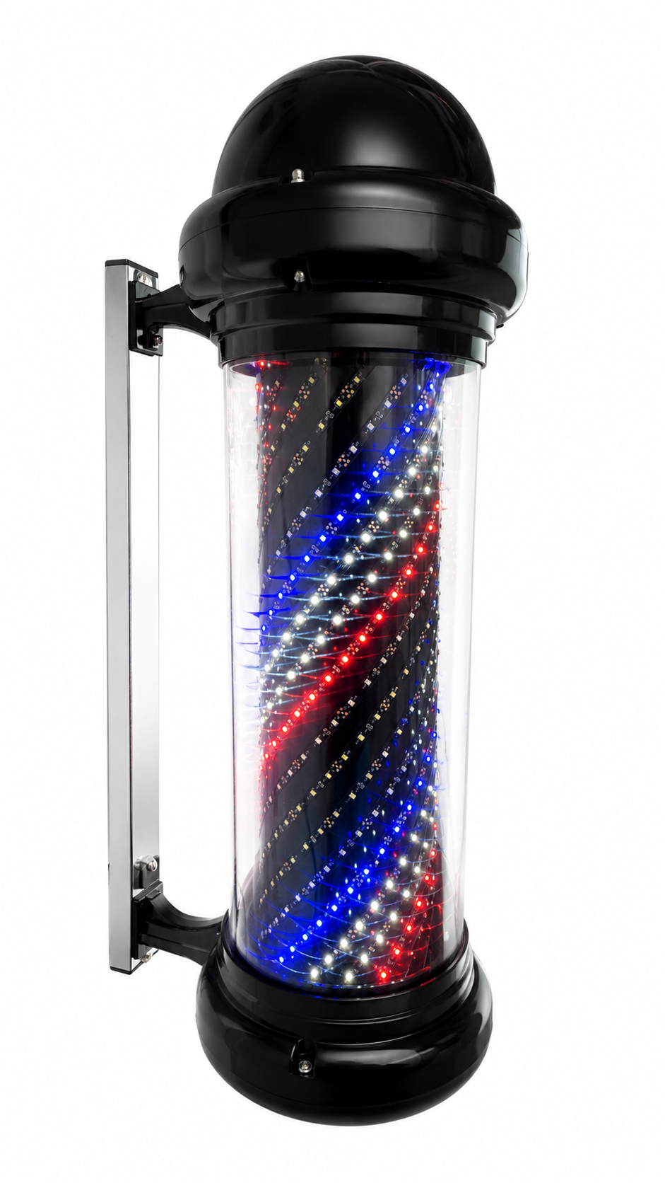 Barber sign pole with colorful LED lights inside, mounted on a white background