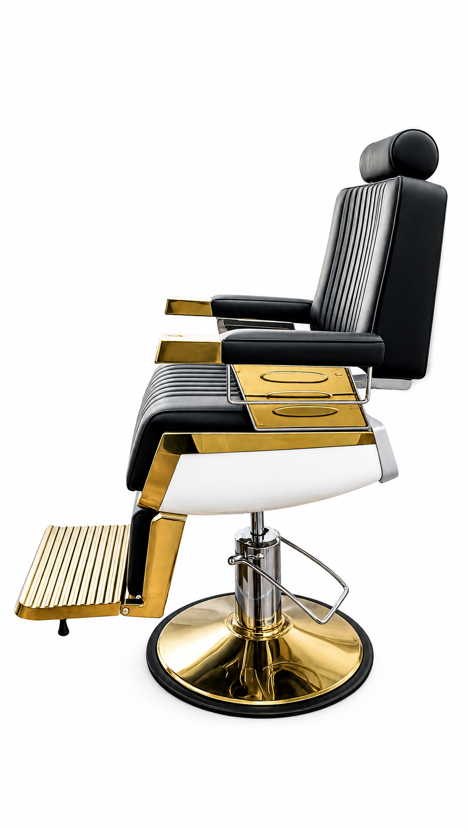Barber chair with black and gold design on a white background