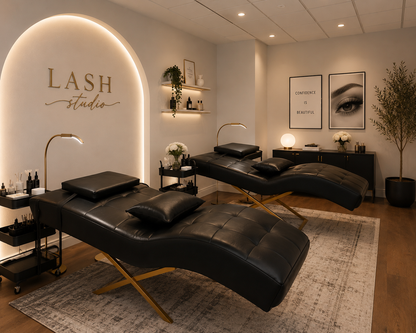 Lash studio interior with black leather treatment chairs and decorative elements.