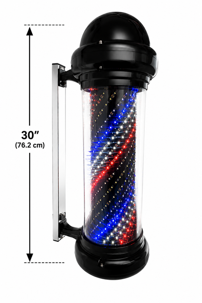 Barber sign pole with colorful LED lights inside, mounted on a white background