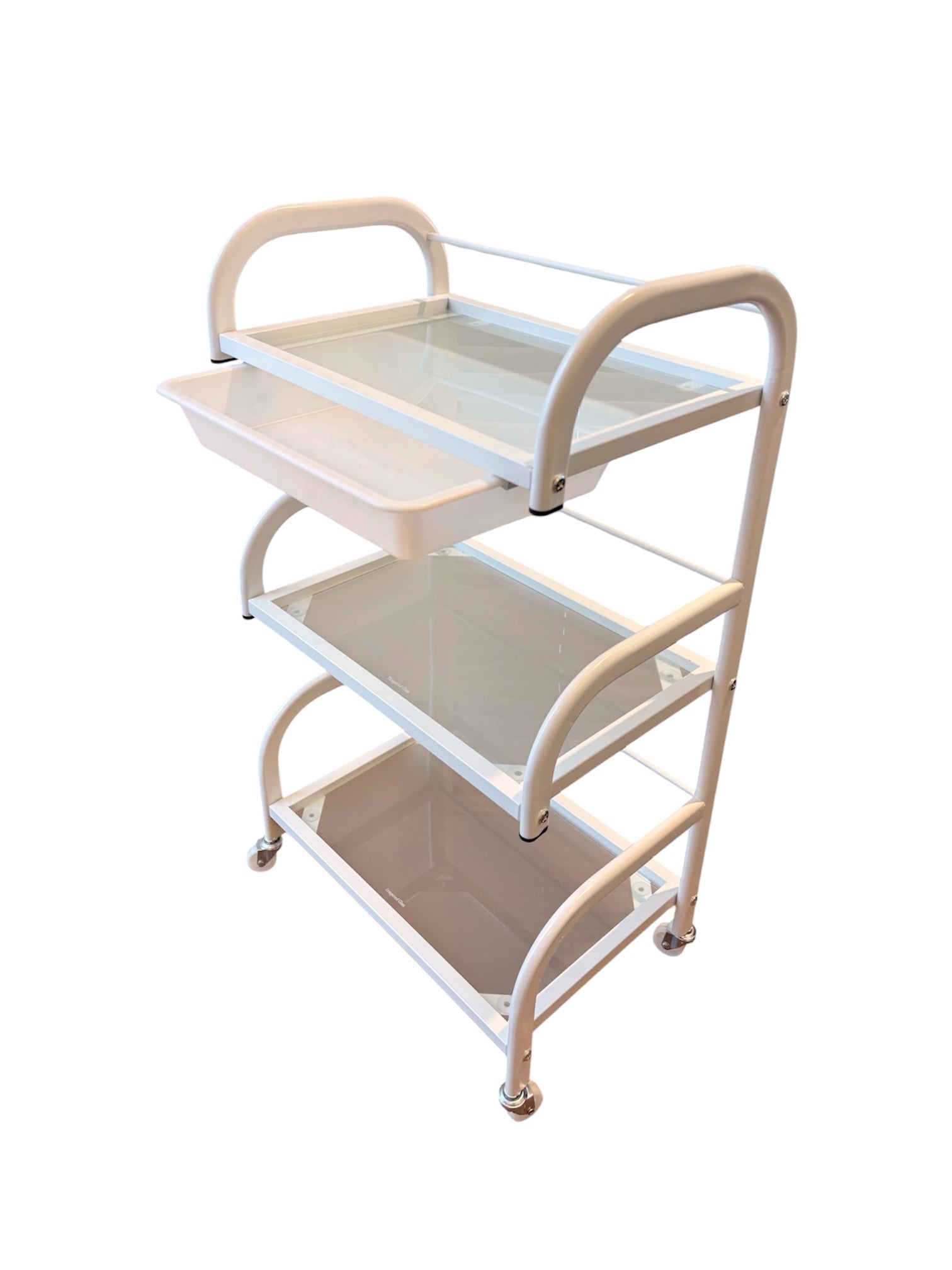 Beige and white rolling cart with three shelves on a white background