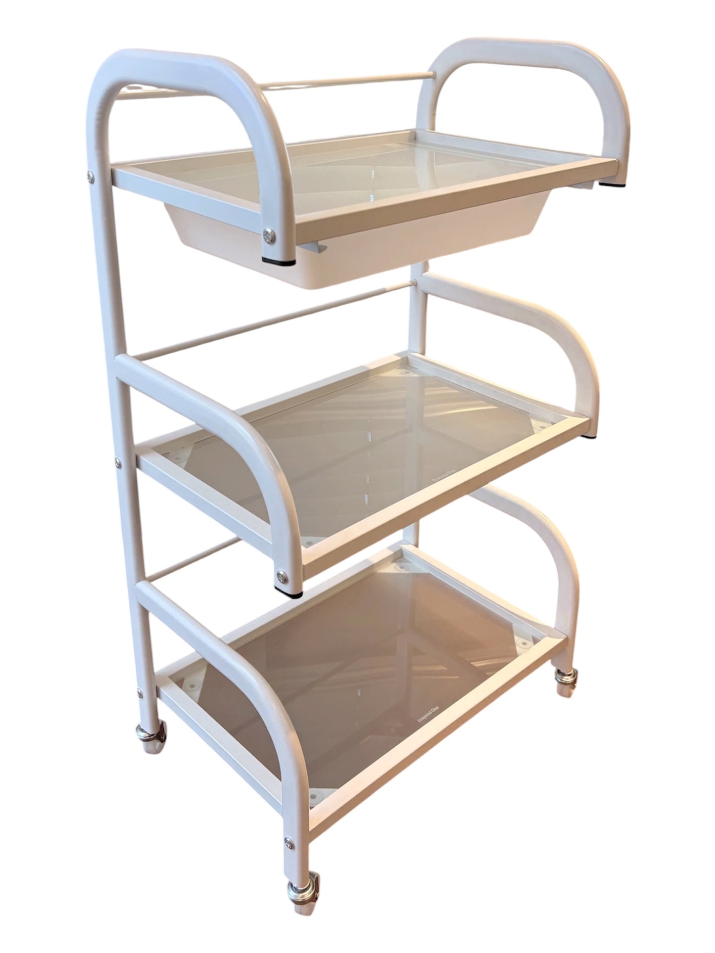 Three-tiered rolling cart with wooden shelves and white metal frame on a white background