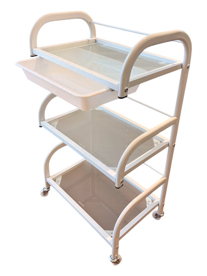 Beige and white serving cart with three shelves on a white background
