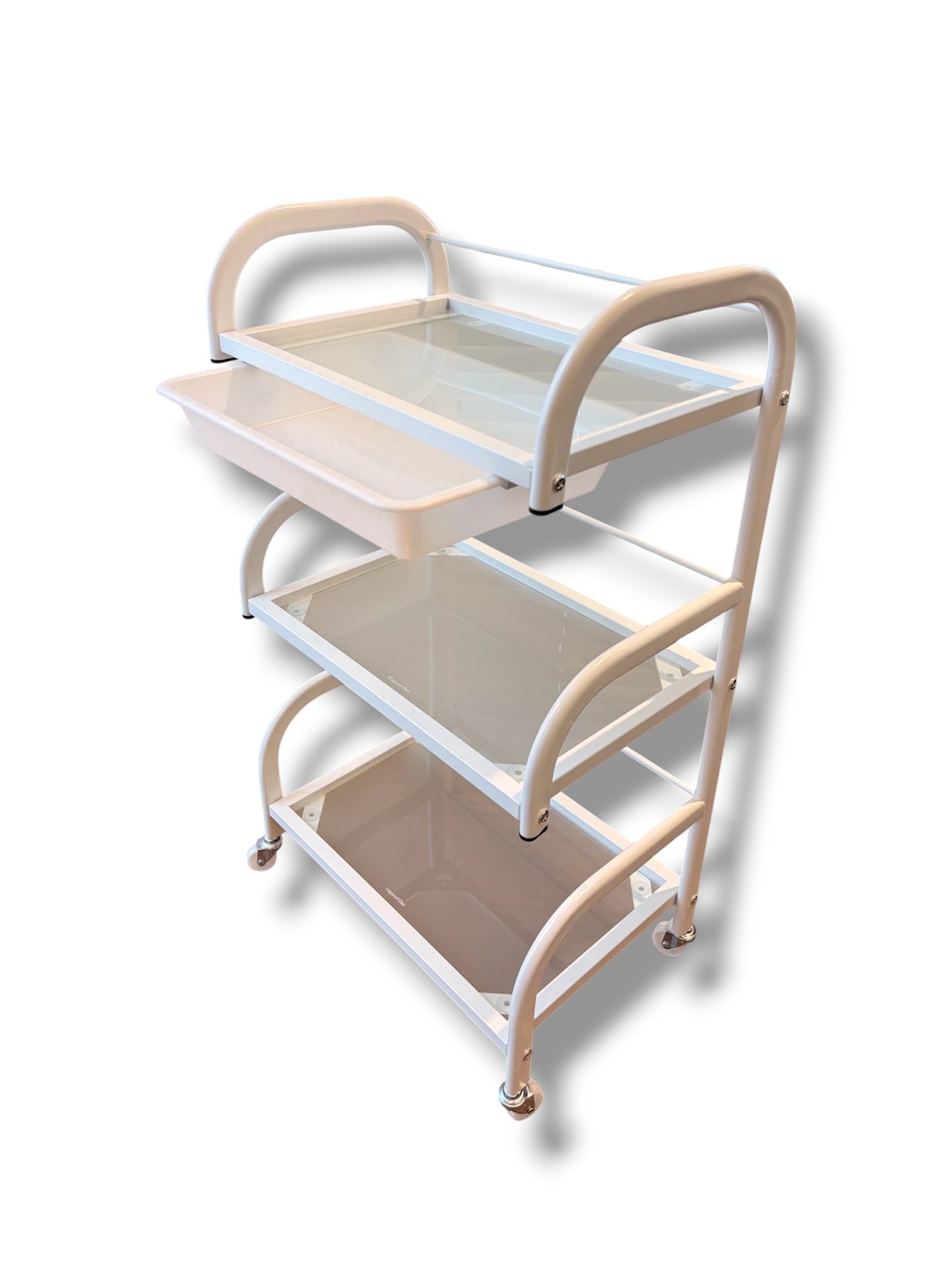 Three-tiered rolling cart with beige shelves on a white background