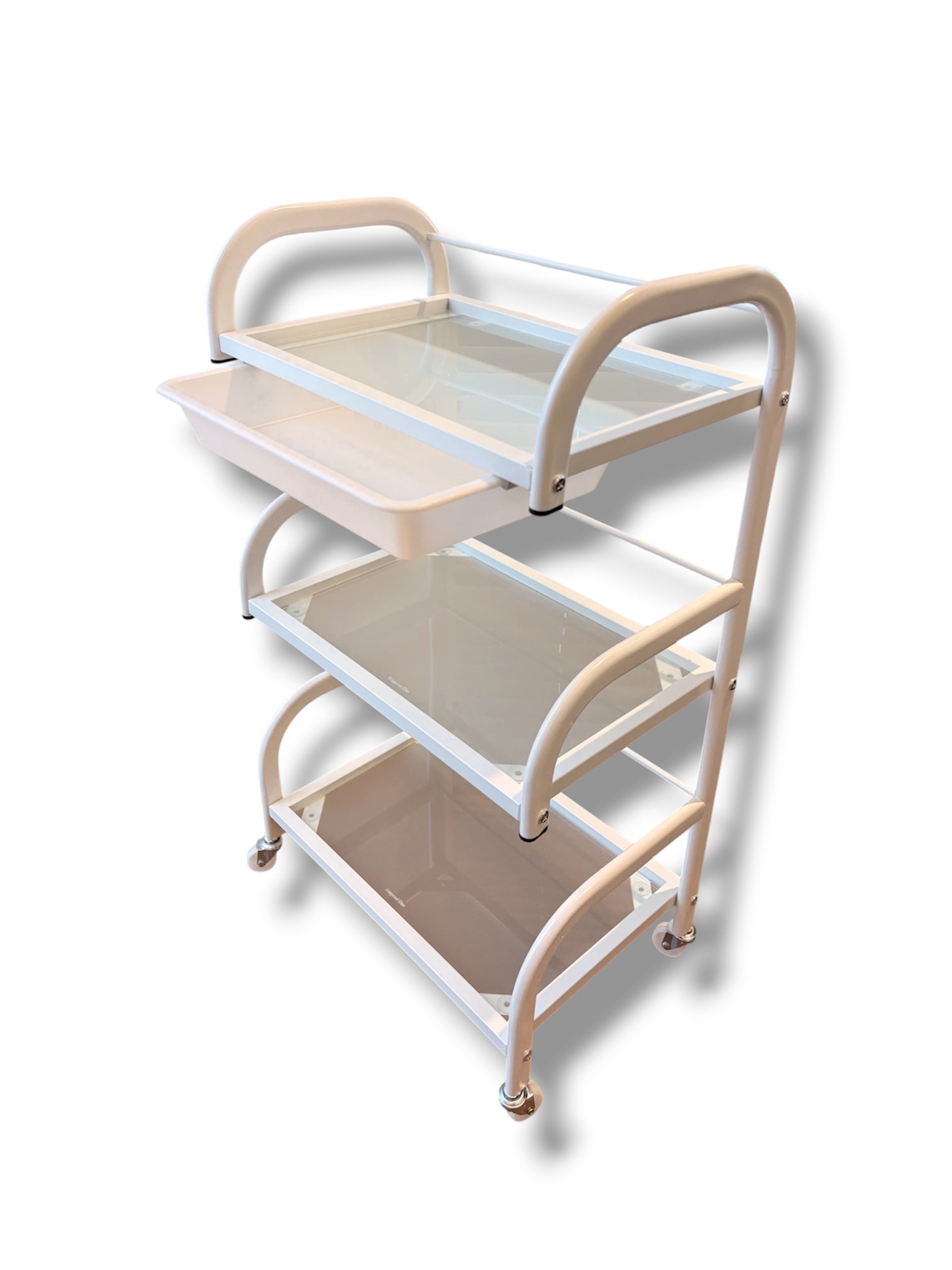 Three-tiered rolling cart with beige shelves on a white background