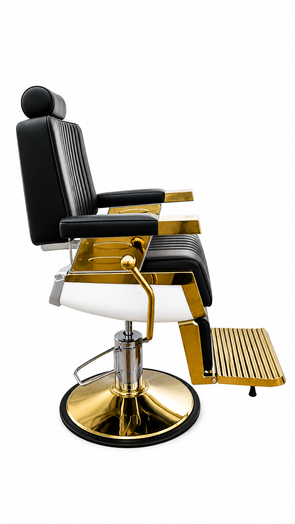 Barber chair with black and gold design on a white background