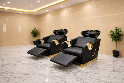 Luxury Gold / Chrome Frame Salon Backwash Shampoo Unit Chair Hair Washing Bed PVC Leather