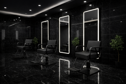 Modern Salon Furniture Rectangle Front Lit LED Salon/ Barber Aluminium frame  Mirror – Premium Glass, 2 cm Aluminum Frame, hi powered 3-Color Light