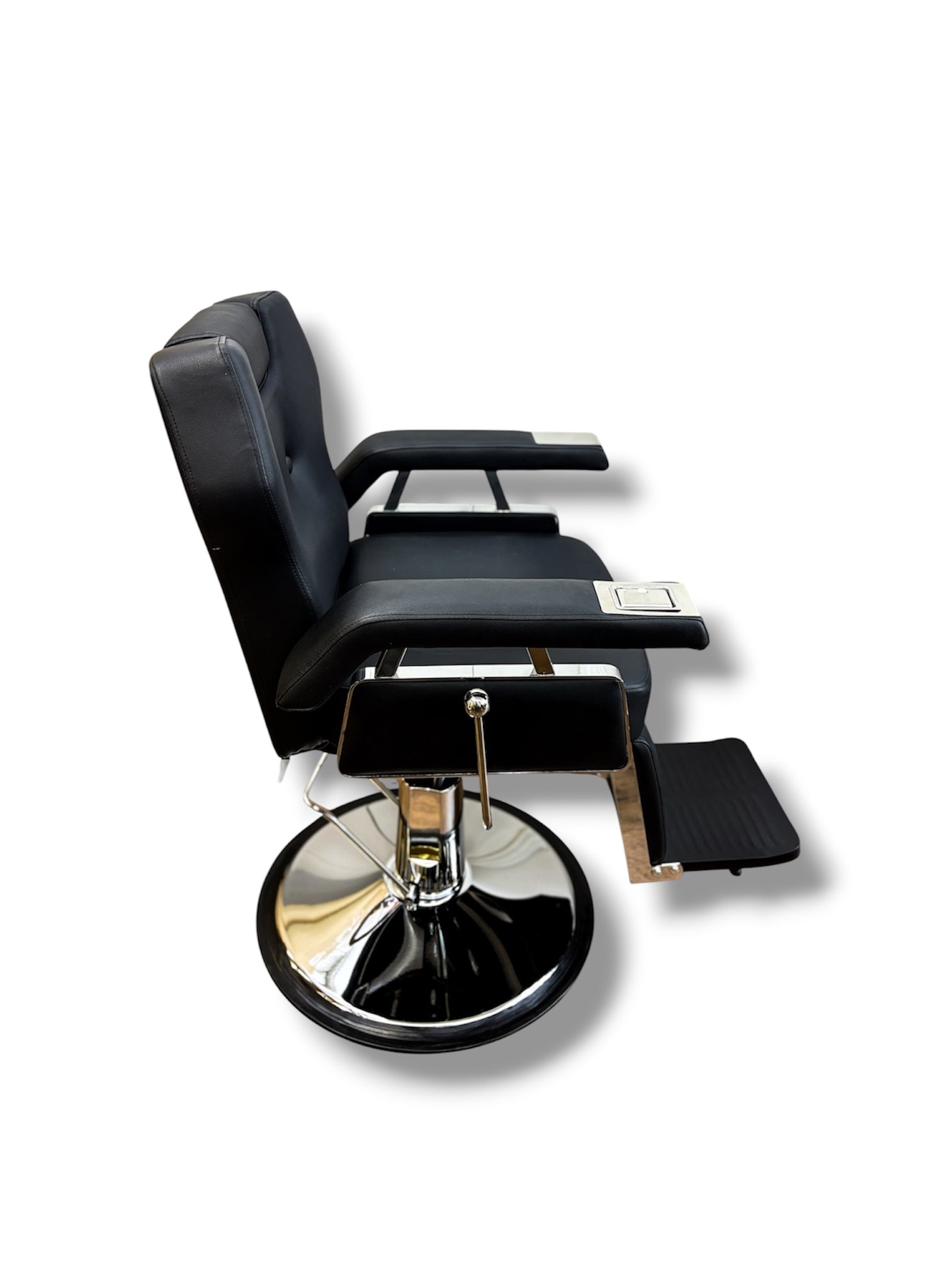 Black barber chair with a white background