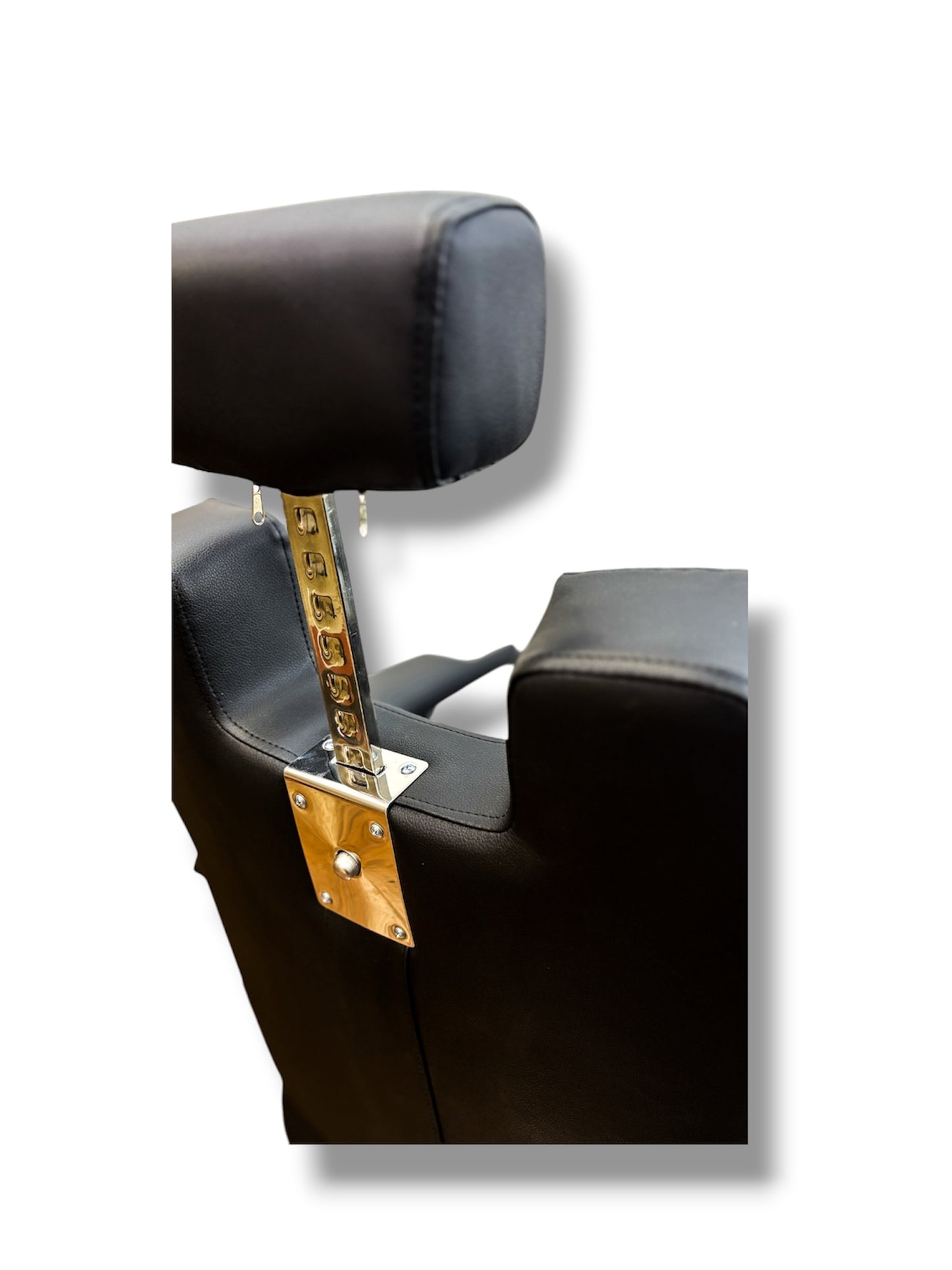 Black leather car seat with gold accent on a white background