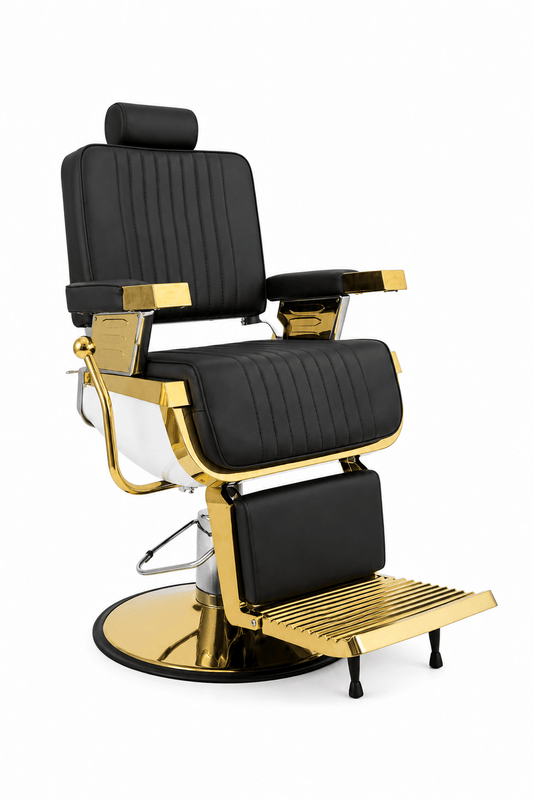 Black and gold barber chair on a white background