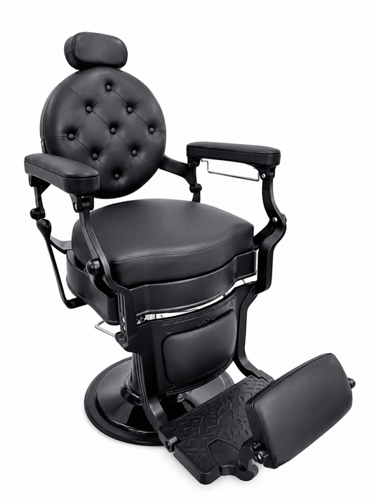 Premium black vintage hydraulic barber chair with reclining backrest, adjustable headrest and heavy-duty hydraulic base for professional barbershops and salons.